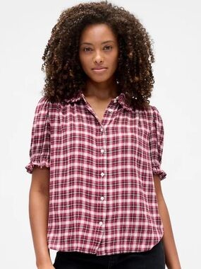 GAP Factory Plaid Flannel Puff Sleeve Shirt Red Burgundy NWT Medium